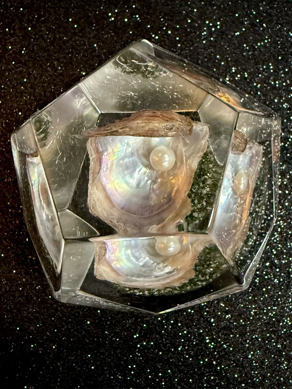 Vintage Lucite Paperweight With Pearl in Oyster Shell